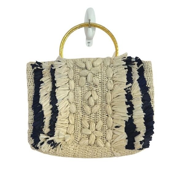 Cleobella Rocky Barnes Raffia Navy, Tan & Gold Handle Handbag - Picture 4 of 10